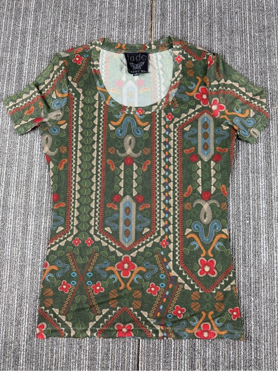 Johnny Was Tops - Jade Johnny Was Mesh Green Patterned Short-Sleeve Women's Top